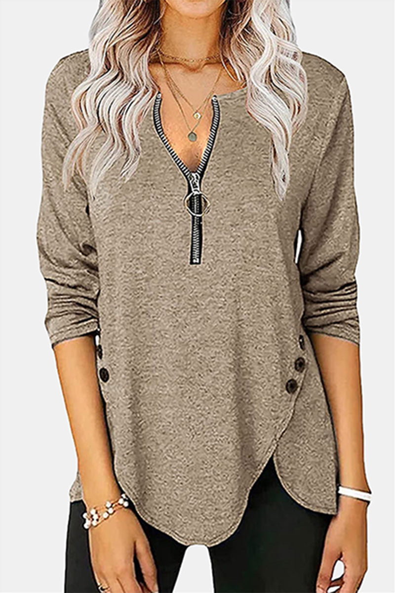 Casual Solid Buckle Asymmetrical Zipper Collar Tops(5 Colors) - Fashionpara