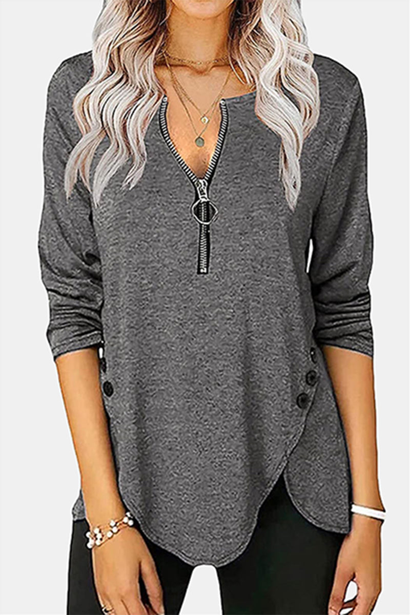 Casual Solid Buckle Asymmetrical Zipper Collar Tops(5 Colors) - Fashionpara