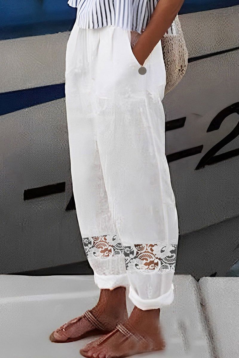 Casual Street Solid Lace Patchwork Straight Mid Waist Harlan Patchwork Bottoms - Fashionpara