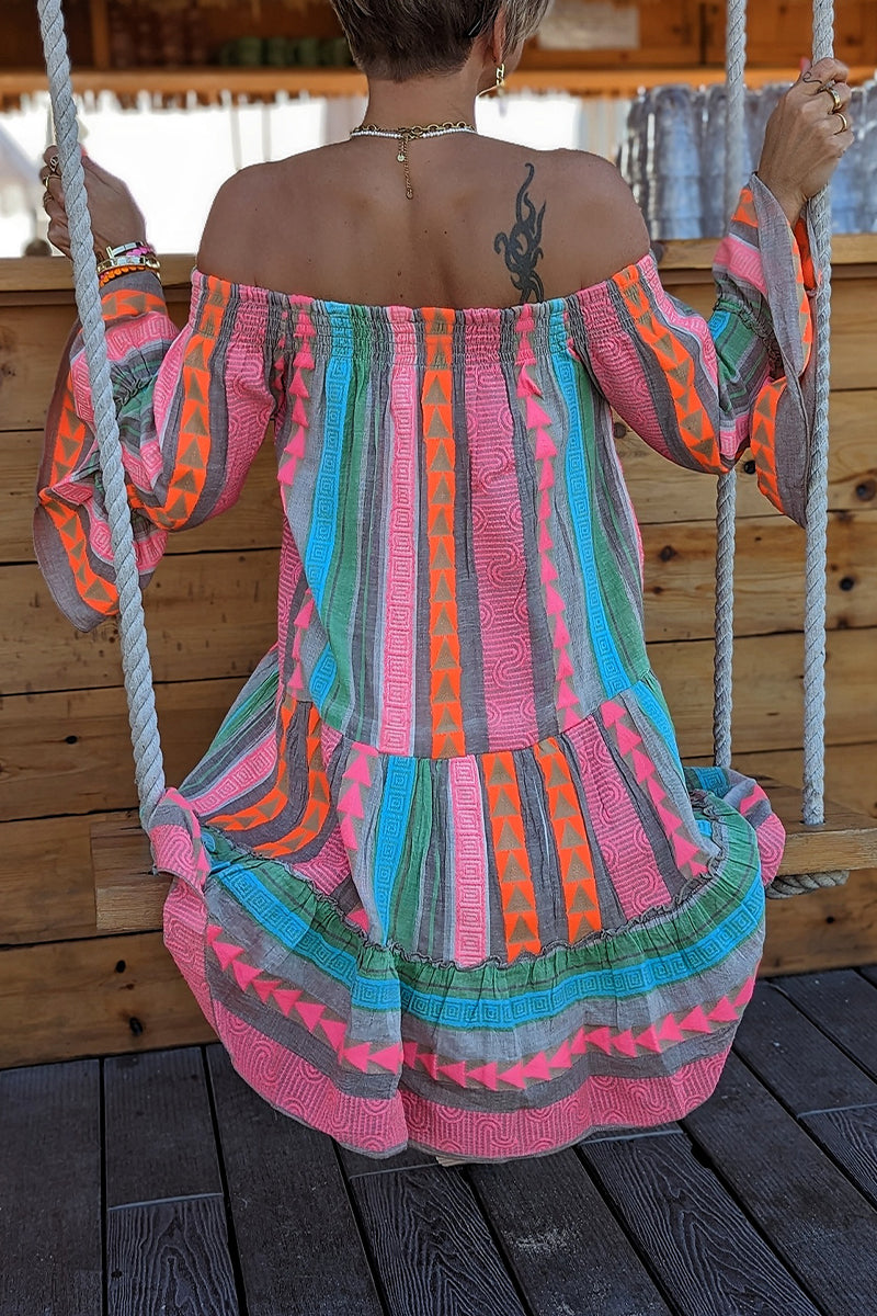 Casual Vacation Color Block Contrast Off the Shoulder Dresses - Fashionpara