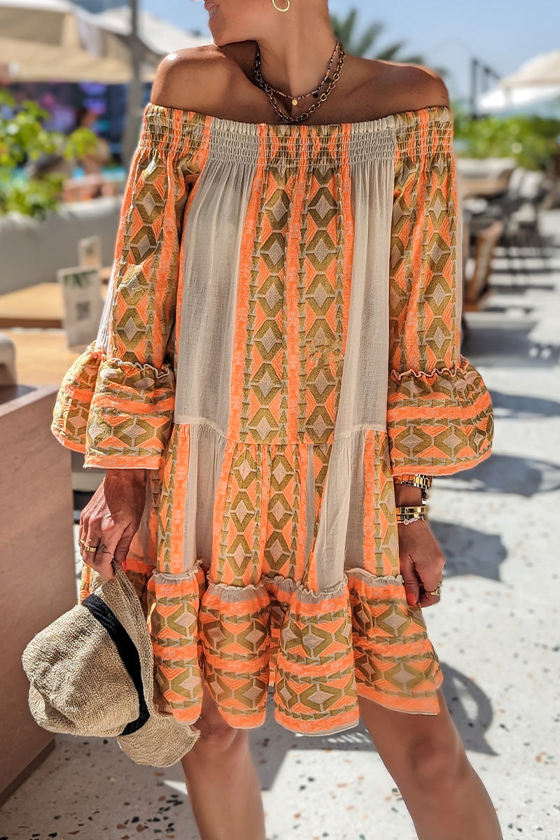 Casual Vacation Color Block Contrast Off the Shoulder Dresses - Fashionpara