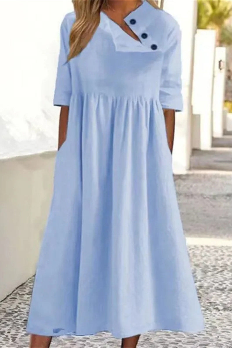 Casual Solid Pocket Buckle Oblique Collar A Line Dresses - Fashionpara
