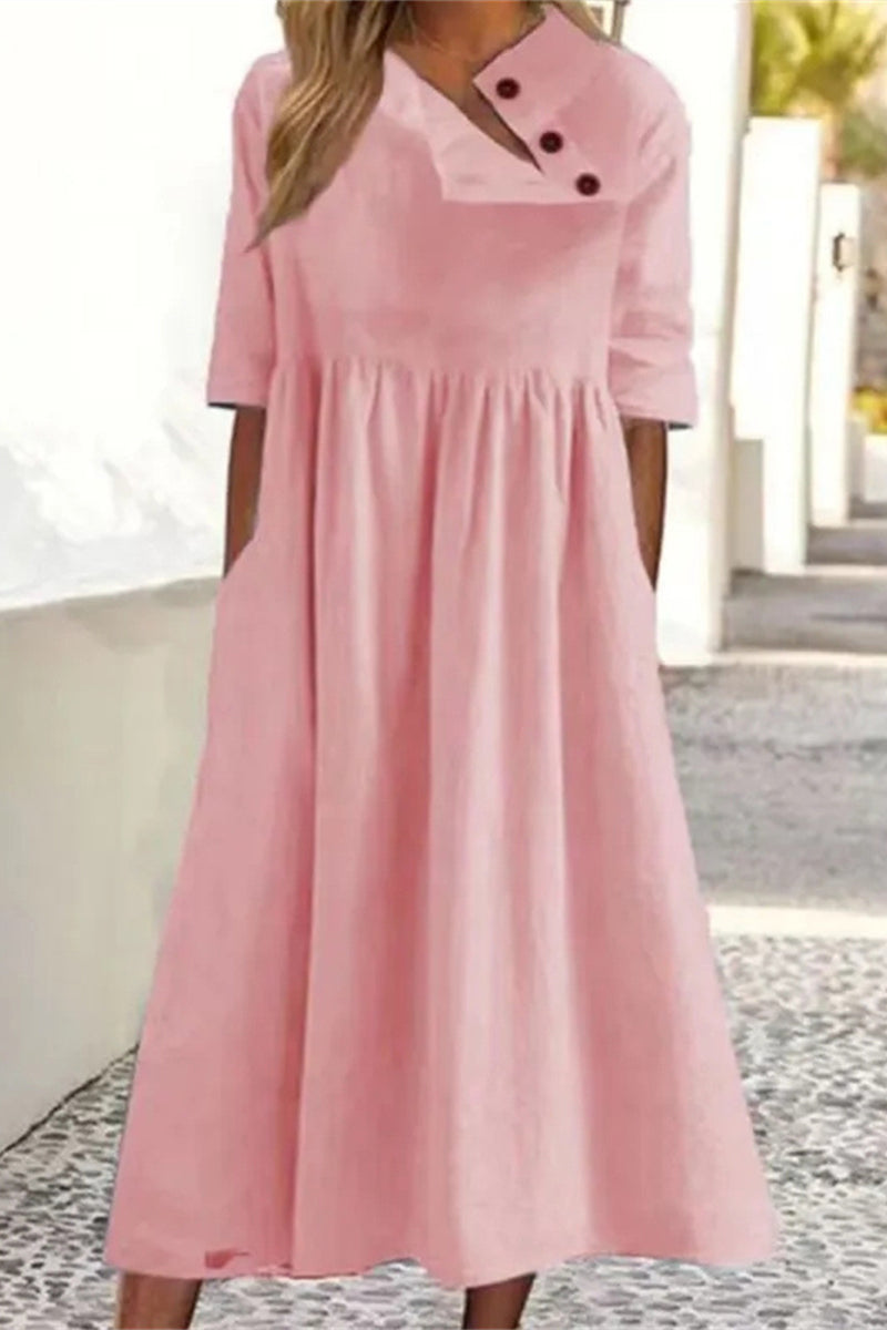 Casual Solid Pocket Buckle Oblique Collar A Line Dresses - Fashionpara