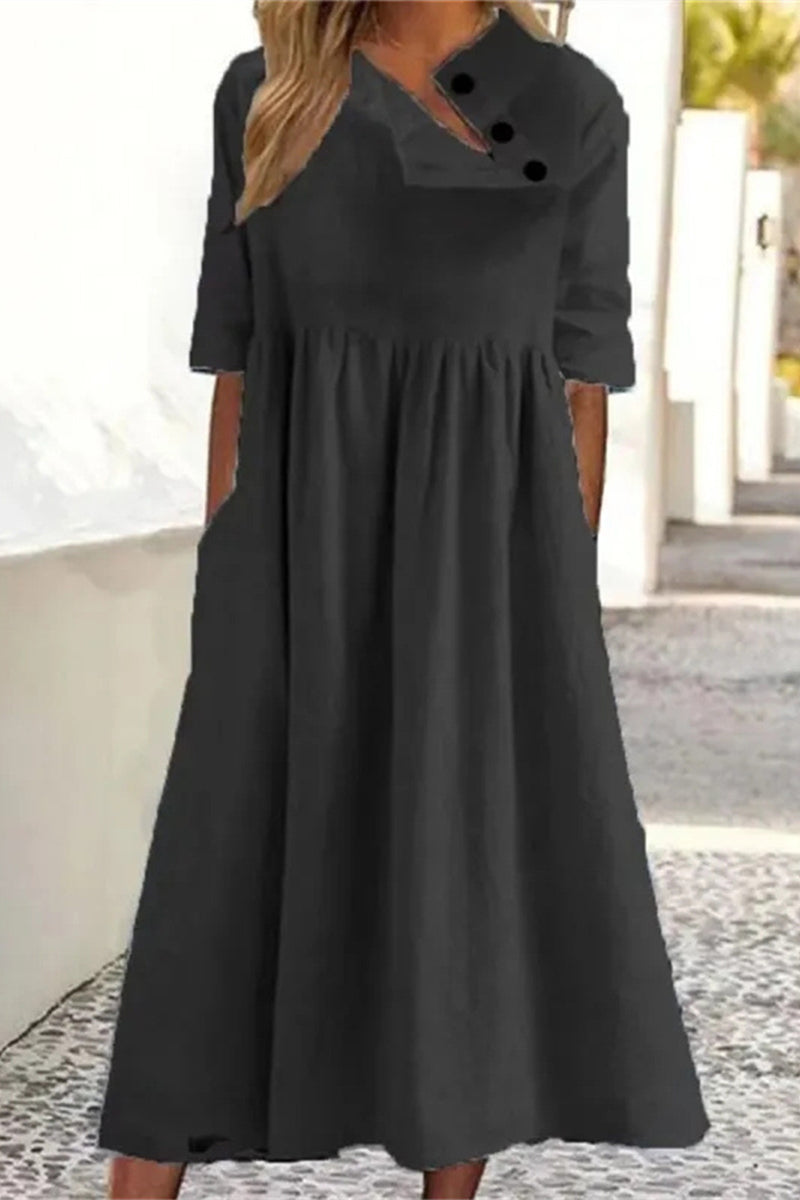Casual Solid Pocket Buckle Oblique Collar A Line Dresses - Fashionpara