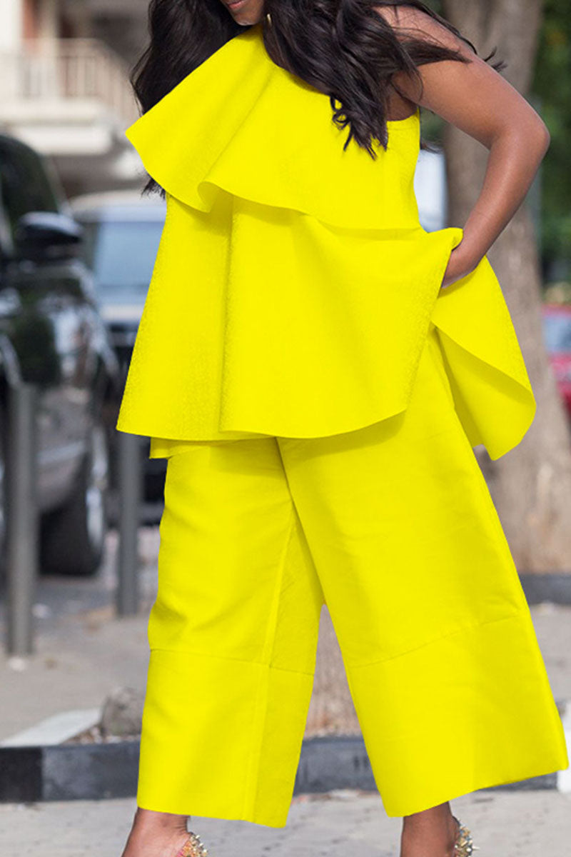 Casual Solid Patchwork Flounce Oblique Collar Sleeveless Two Pieces - Fashionpara