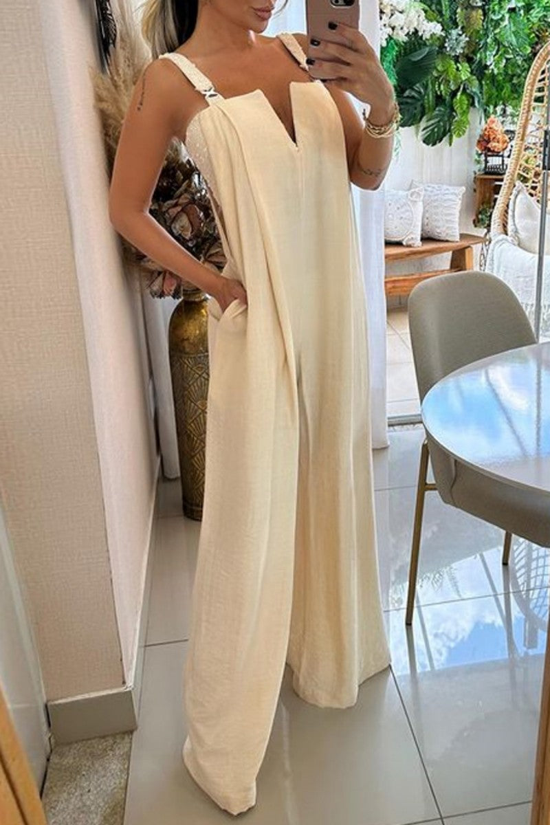 Casual Solid Backless V Neck Regular Jumpsuits - Fashionpara