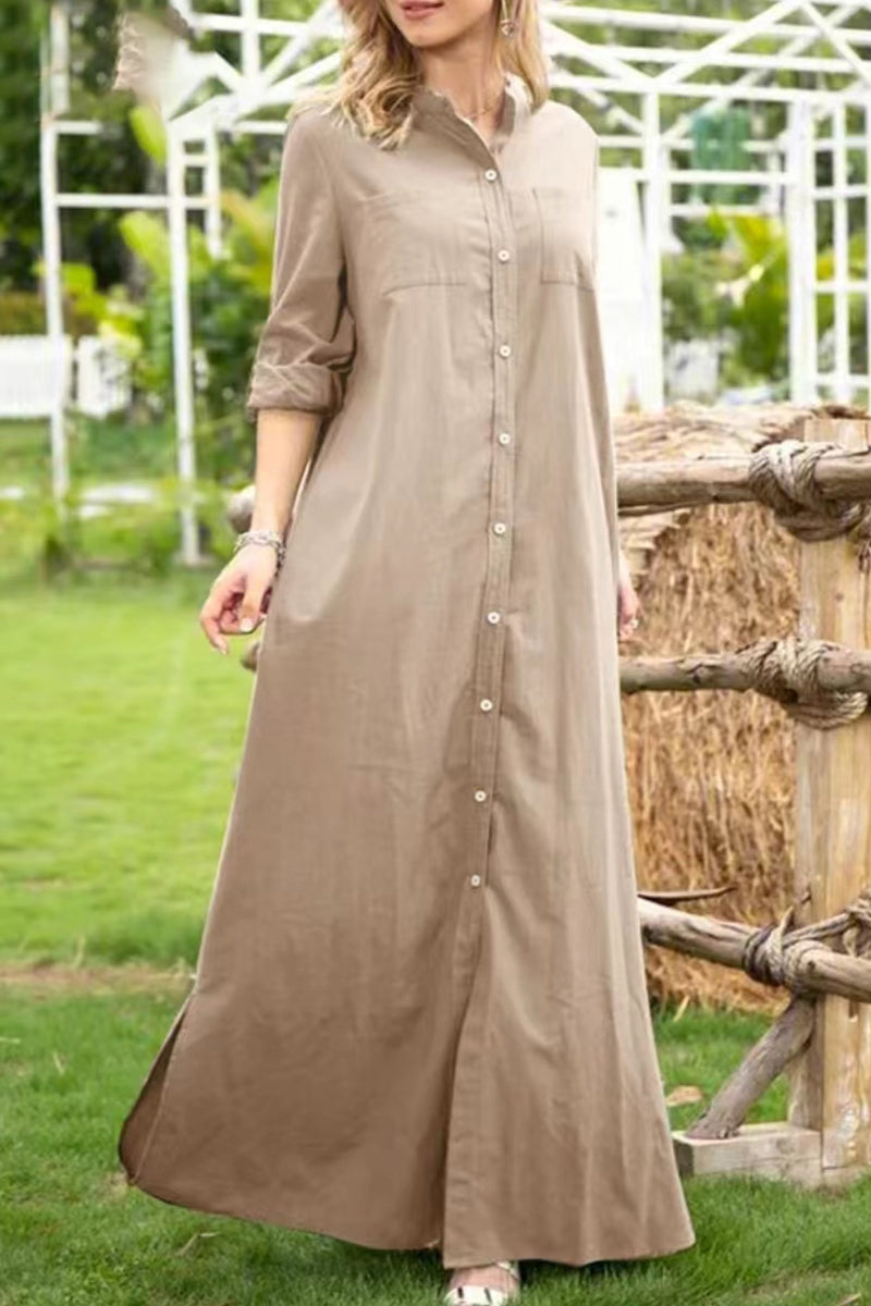 Casual Solid Buttons Mandarin Collar A Line Dresses(4 Colors) - Fashionpara