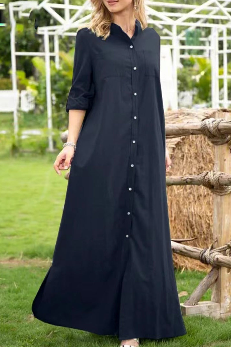 Casual Solid Buttons Mandarin Collar A Line Dresses(4 Colors) - Fashionpara