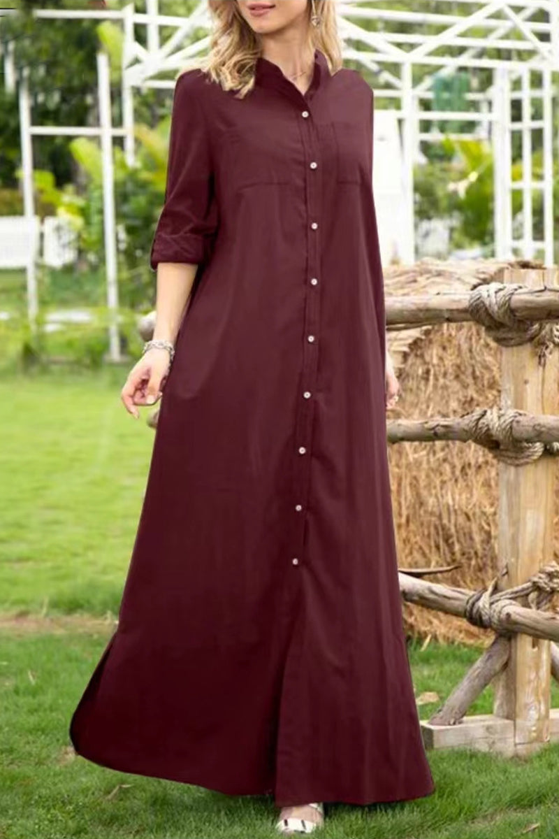 Casual Solid Buttons Mandarin Collar A Line Dresses(4 Colors) - Fashionpara