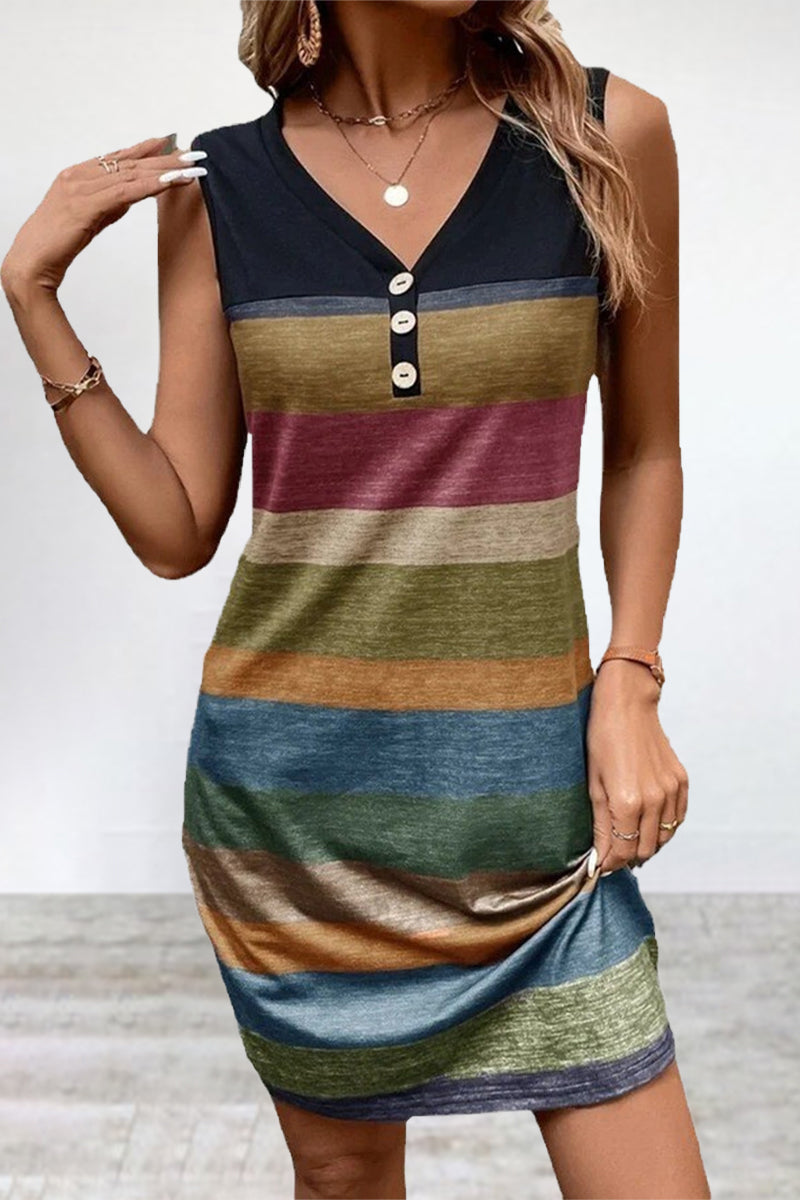 Casual Striped Contrast V Neck Sleeveless Dress Dresses(6 Colors) - Fashionpara