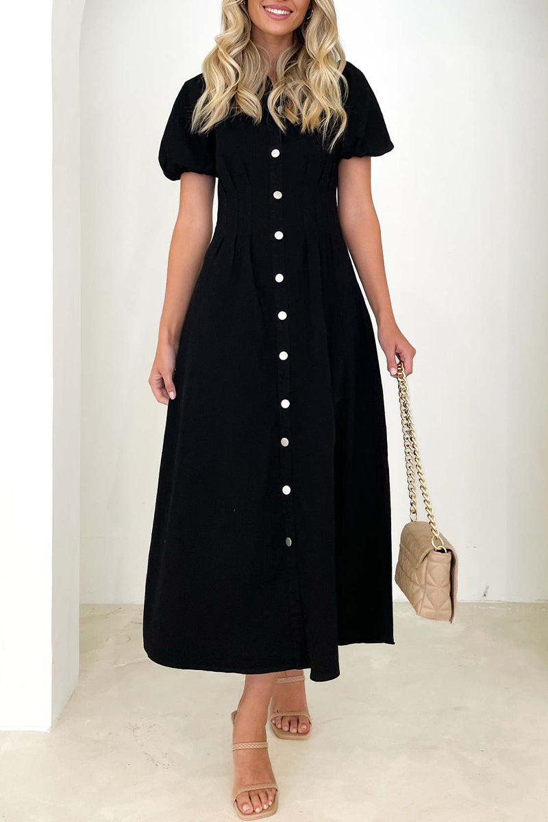 Casual Solid Buckle Turndown Collar A Line Dresses - Fashionpara