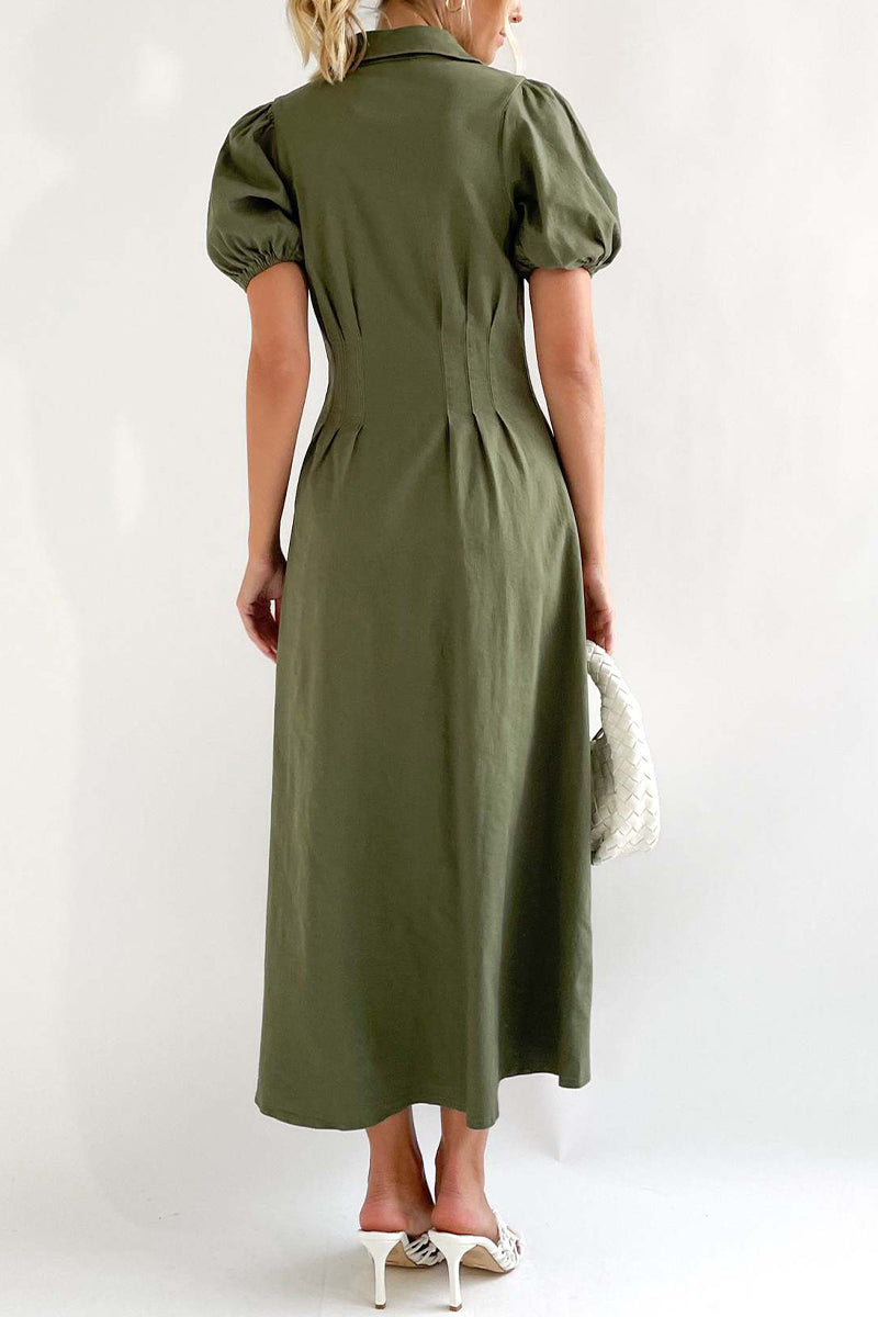 Casual Solid Buckle Turndown Collar A Line Dresses - Fashionpara