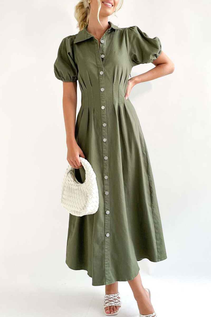 Casual Solid Buckle Turndown Collar A Line Dresses - Fashionpara