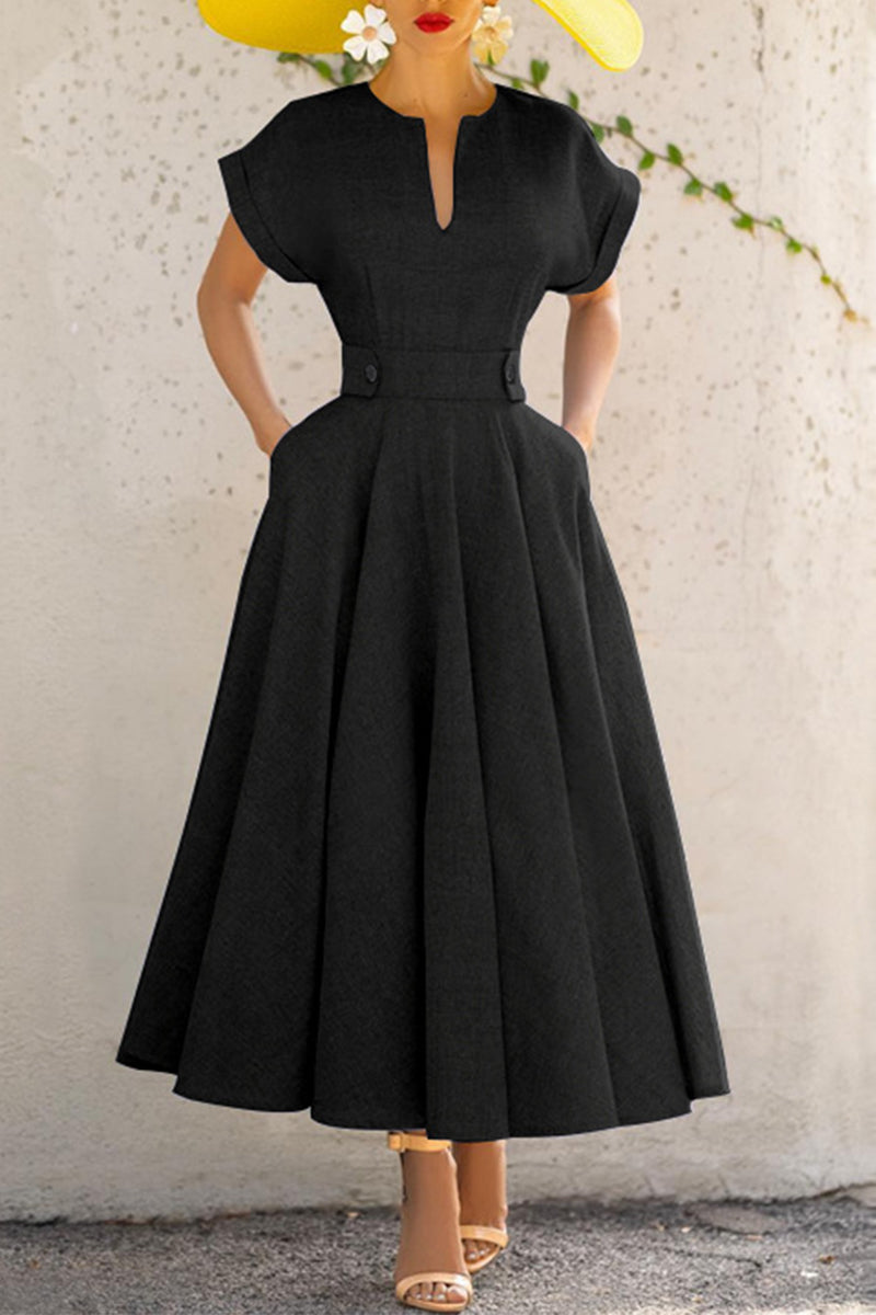 Casual Simplicity Solid Zipper O Neck Short Sleeve Dress - Fashionpara