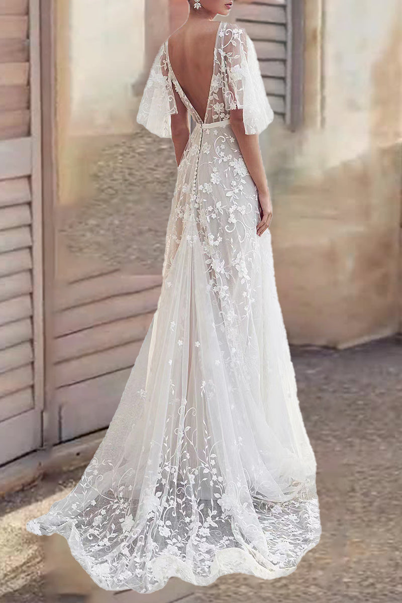 Elegant Formal Solid Lace Backless V Neck Dresses - Fashionpara