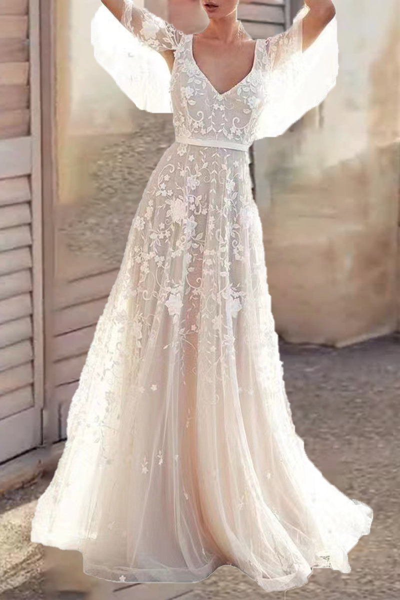 Elegant Formal Solid Lace Backless V Neck Dresses - Fashionpara