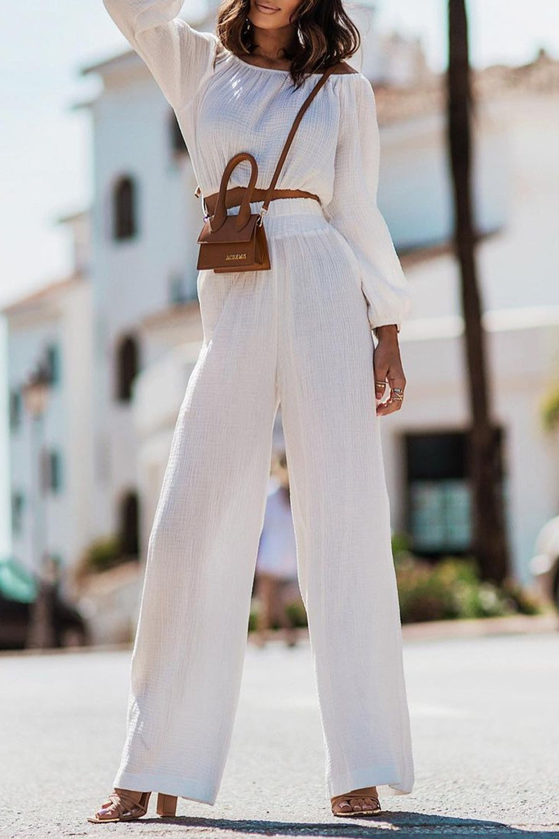 Casual Simplicity Solid Fold Off the Shoulder Long Sleeve Two Pieces - Fashionpara