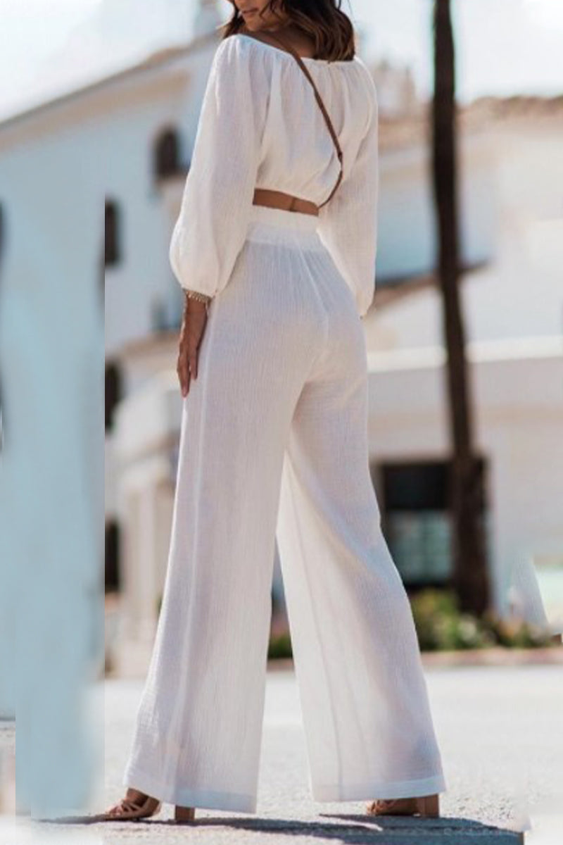 Casual Simplicity Solid Fold Off the Shoulder Long Sleeve Two Pieces - Fashionpara