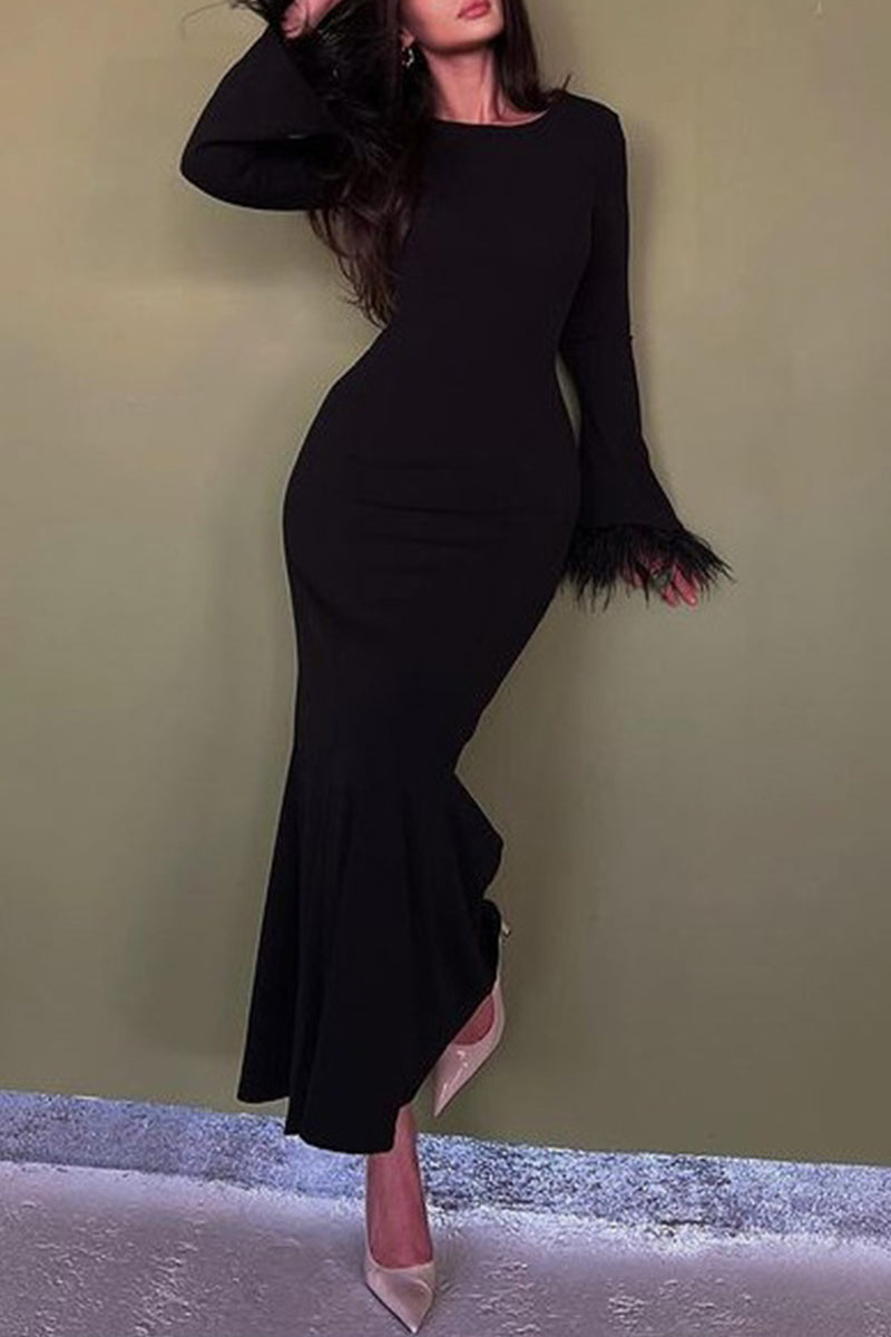 Celebrities Elegant Solid Feathers Wrapped Skirt Dresses - Fashionpara