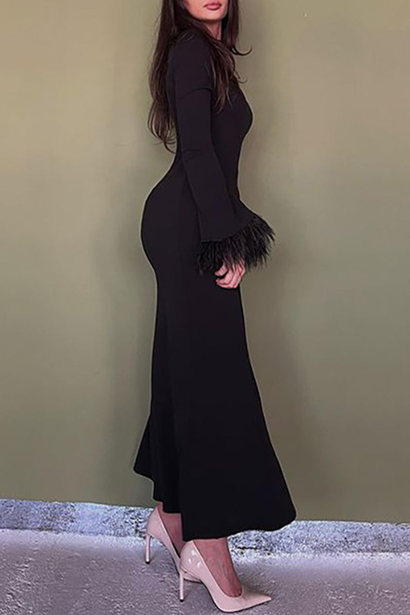 Celebrities Elegant Solid Feathers Wrapped Skirt Dresses - Fashionpara