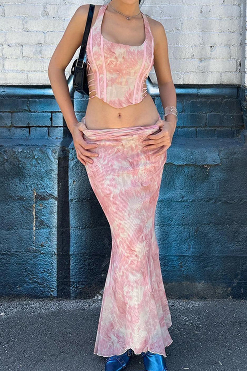 Sexy Sweet Gradual Change Print Contrast U Neck Sleeveless Two Pieces - Fashionpara