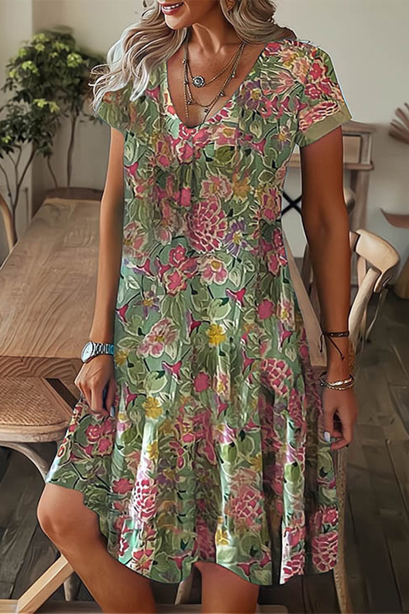 Casual Print Patchwork V Neck A Line Short Sleeve Dress(9 Colors) - Fashionpara
