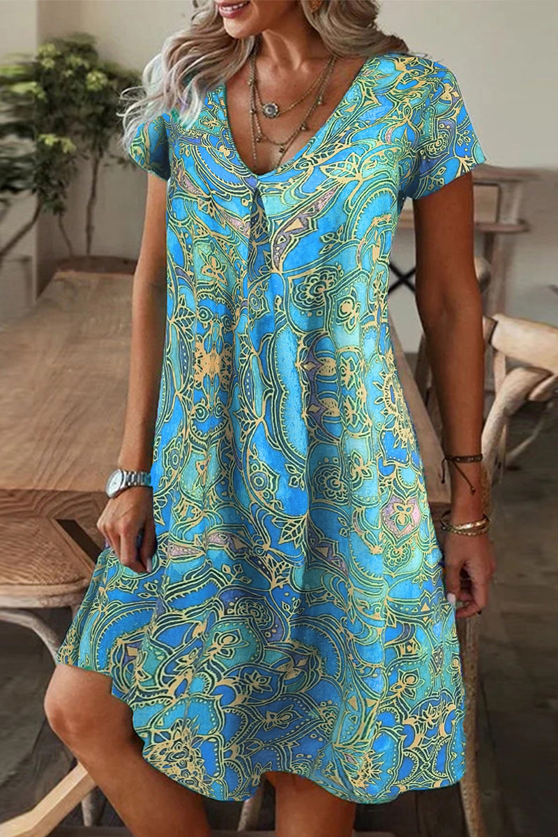 Casual Print Patchwork V Neck A Line Short Sleeve Dress(9 Colors) - Fashionpara