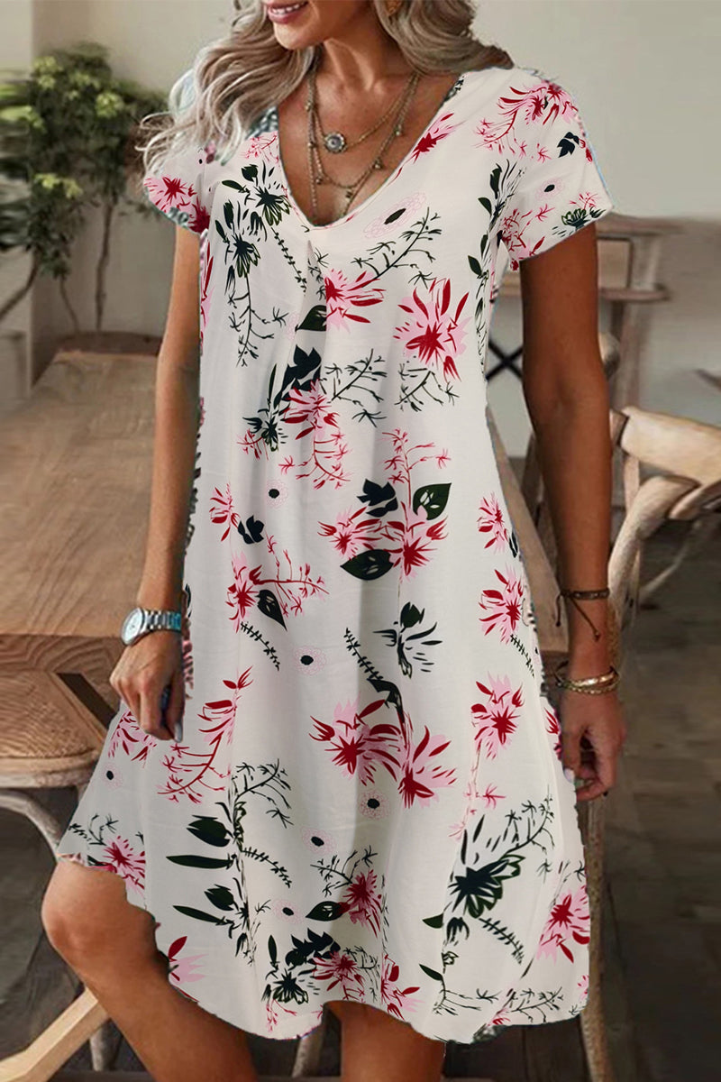 Casual Print Patchwork V Neck A Line Short Sleeve Dress(9 Colors) - Fashionpara