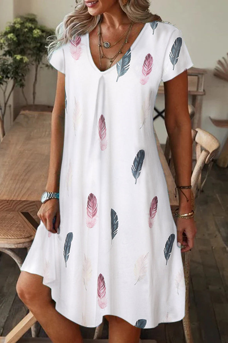 Casual Print Patchwork V Neck A Line Short Sleeve Dress(9 Colors) - Fashionpara