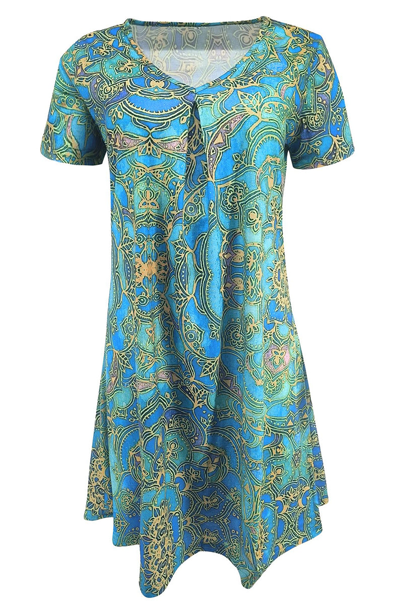 Casual Print Patchwork V Neck A Line Short Sleeve Dress(9 Colors) - Fashionpara