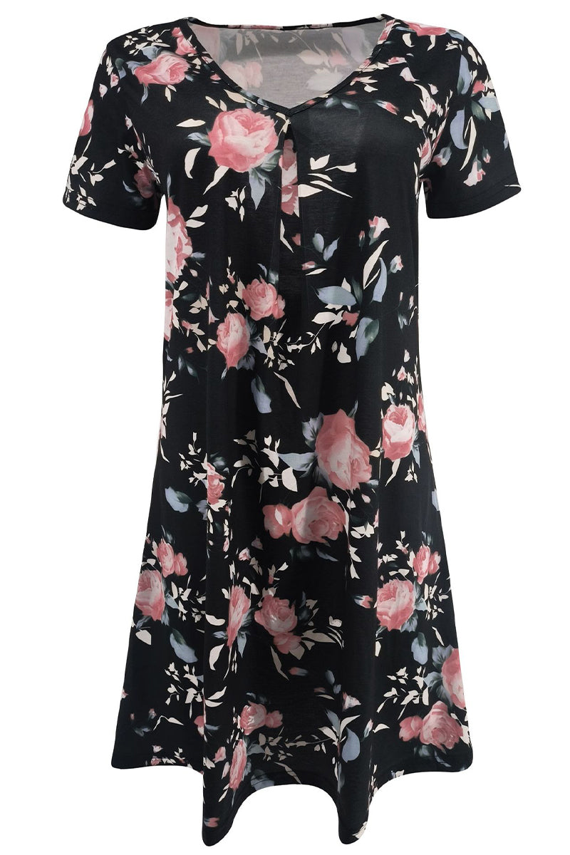 Casual Print Patchwork V Neck A Line Short Sleeve Dress(9 Colors) - Fashionpara