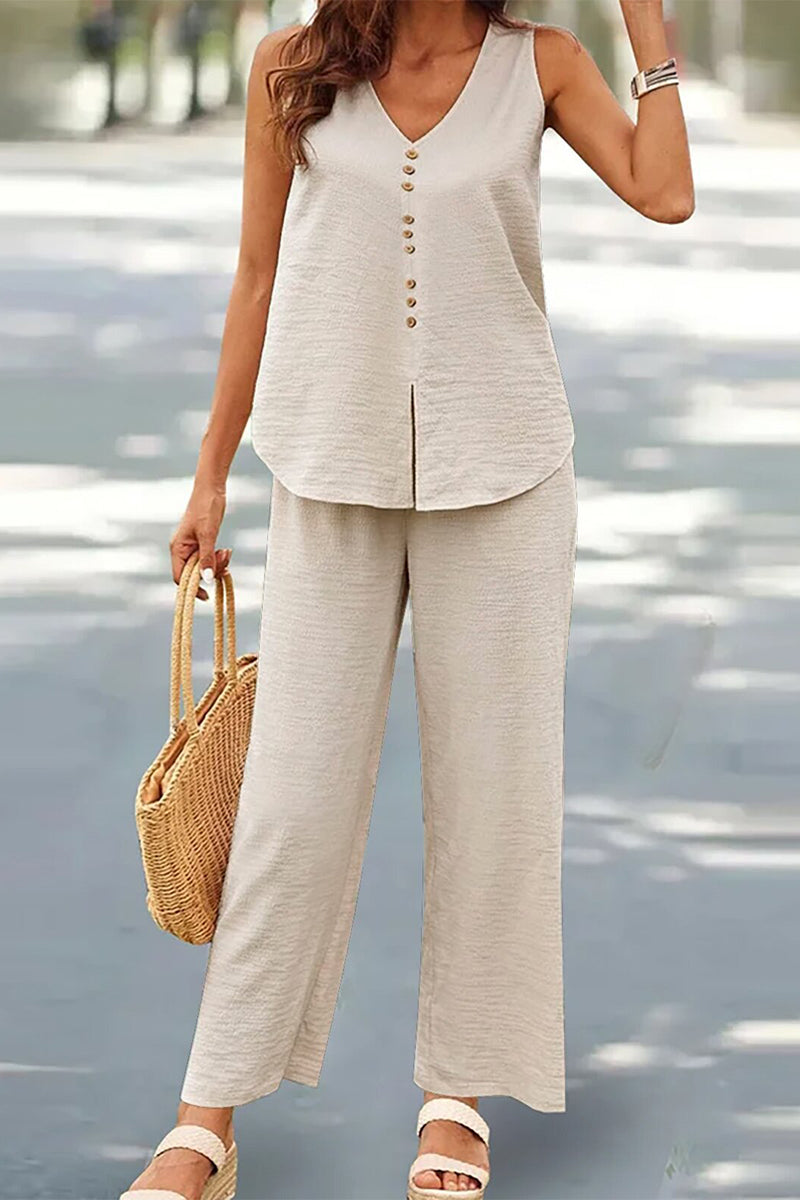 Casual Buttons V Neck Sleeveless Two Pieces(17 Colors) - Fashionpara