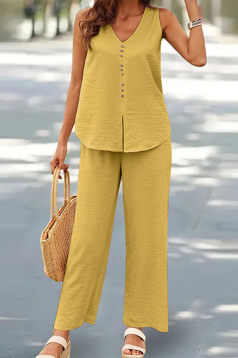 Casual Buttons V Neck Sleeveless Two Pieces(17 Colors) - Fashionpara