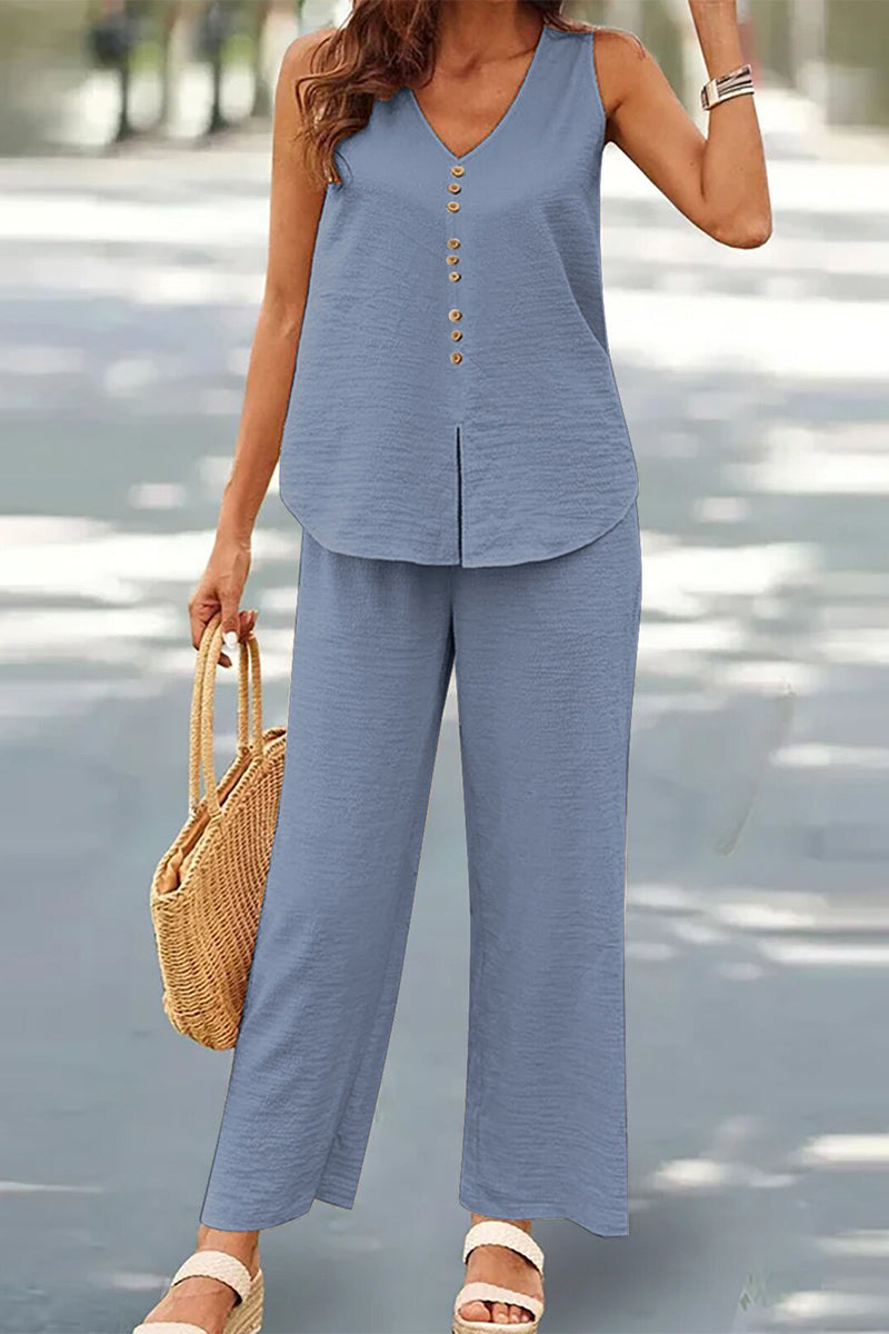Casual Buttons V Neck Sleeveless Two Pieces(17 Colors) - Fashionpara