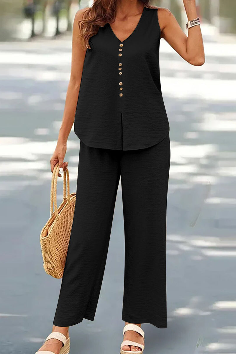 Casual Buttons V Neck Sleeveless Two Pieces(17 Colors) - Fashionpara