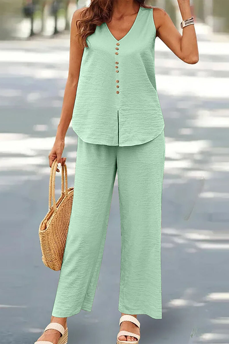 Casual Buttons V Neck Sleeveless Two Pieces(17 Colors) - Fashionpara