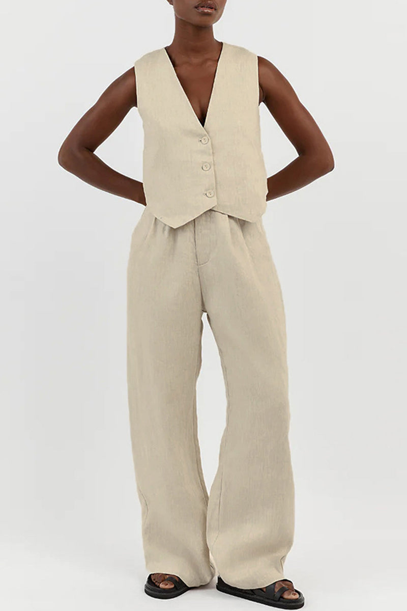 Casual Simplicity Solid Buckle V Neck Sleeveless Two Pieces - Fashionpara