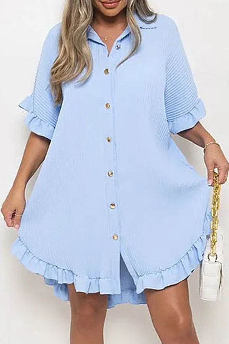 Casual Solid Patchwork Turndown Collar Shirt Dress Dresses - Fashionpara
