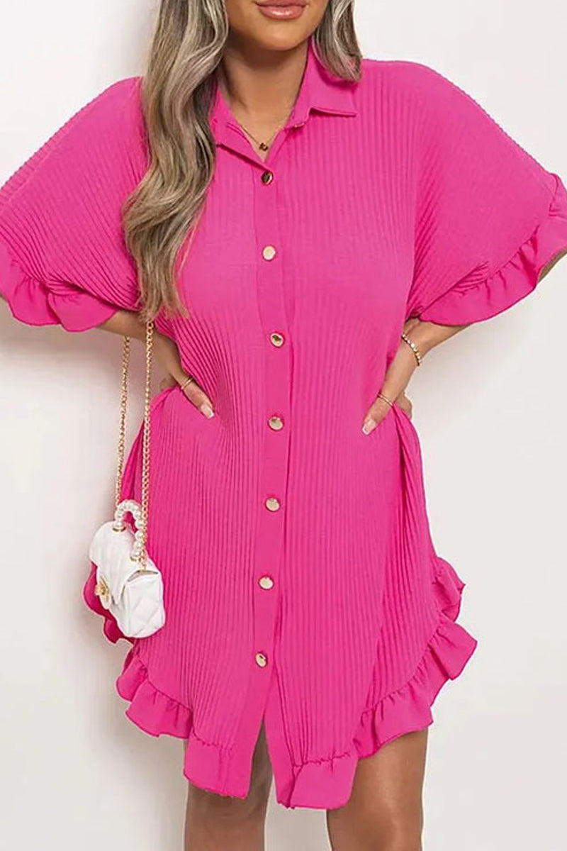 Casual Solid Patchwork Turndown Collar Shirt Dress Dresses - Fashionpara