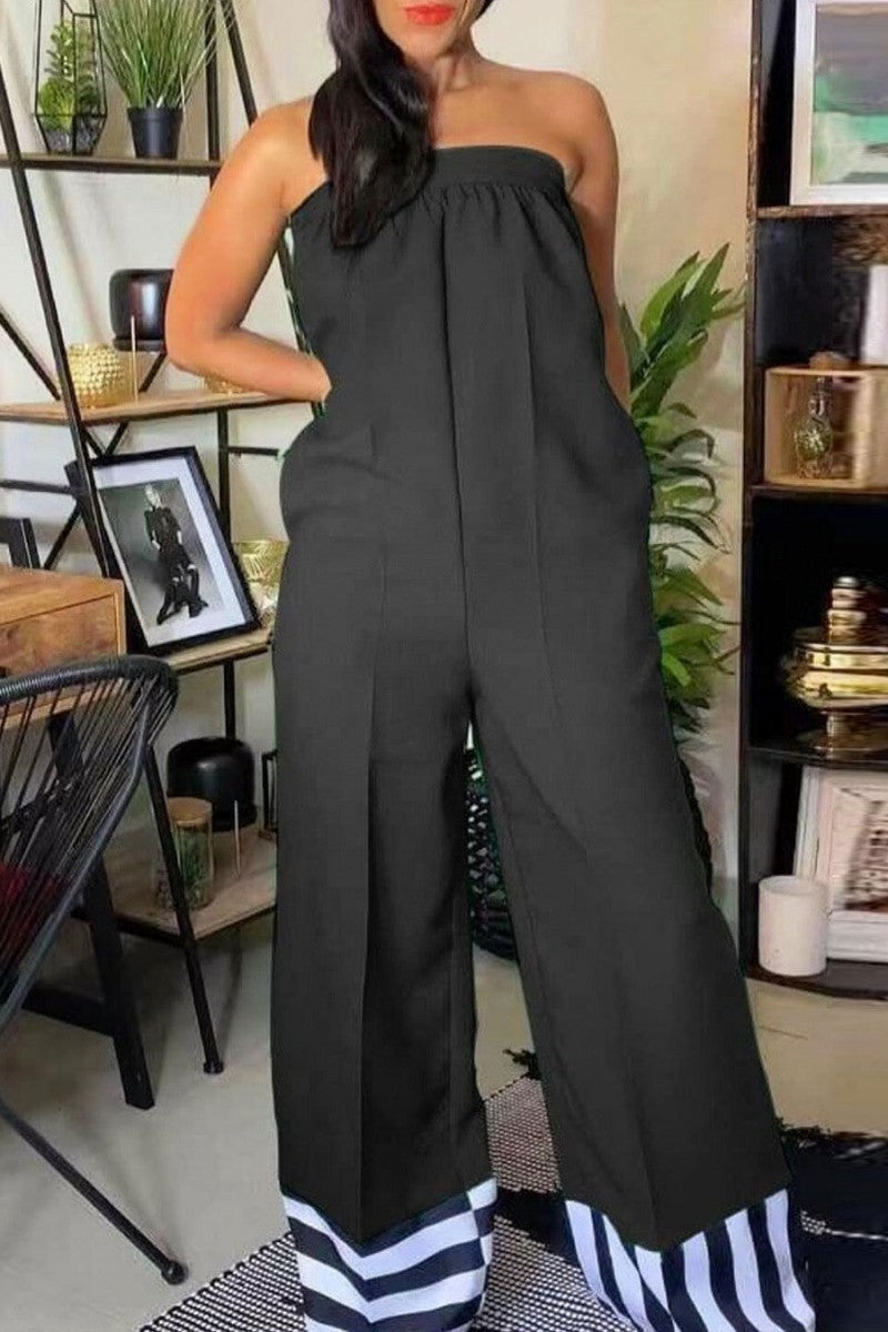 Casual Solid Patchwork Backless Strapless Regular Jumpsuits - Fashionpara