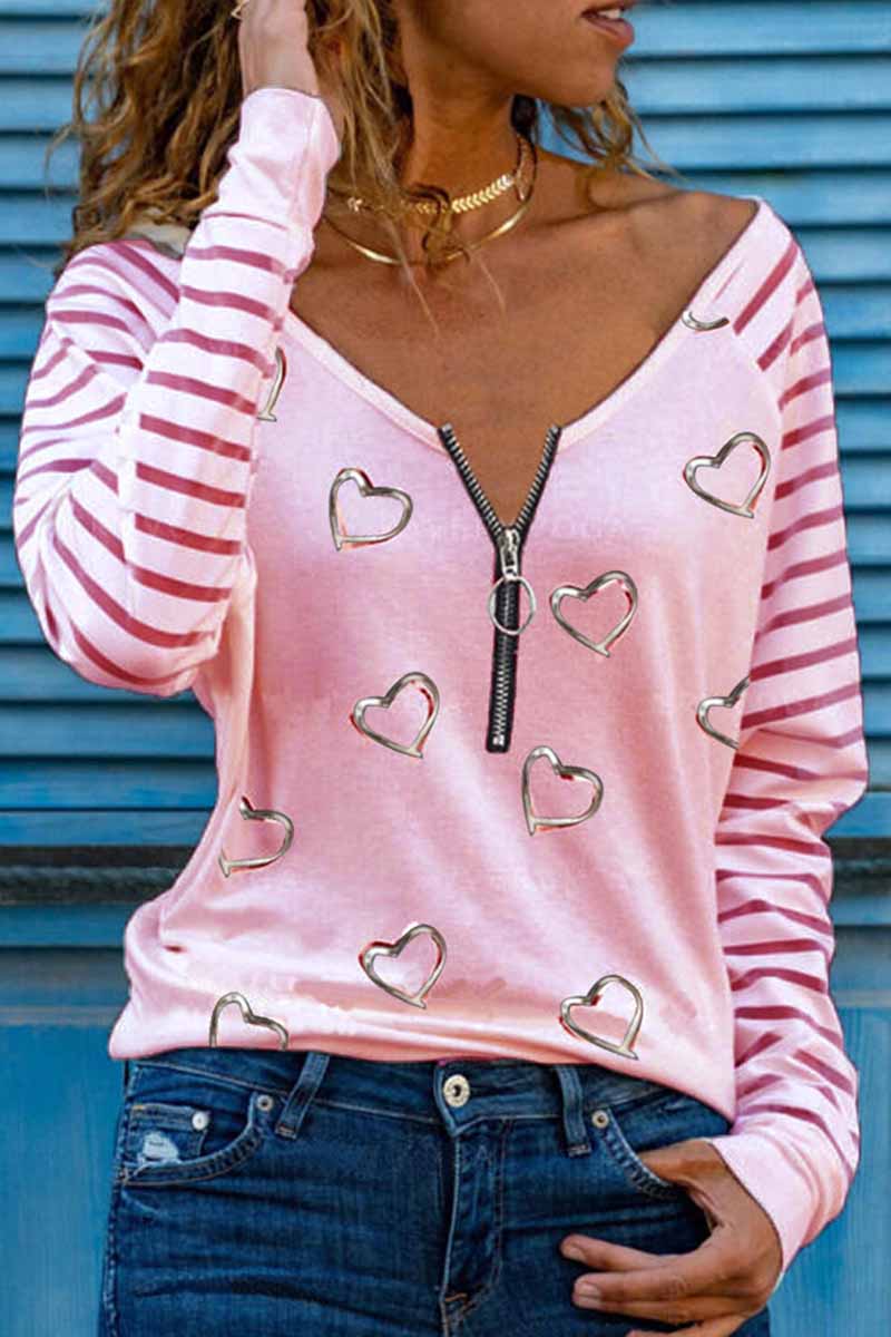 Casual Print Patchwork V Neck Tops(4 Colors) - Fashionpara