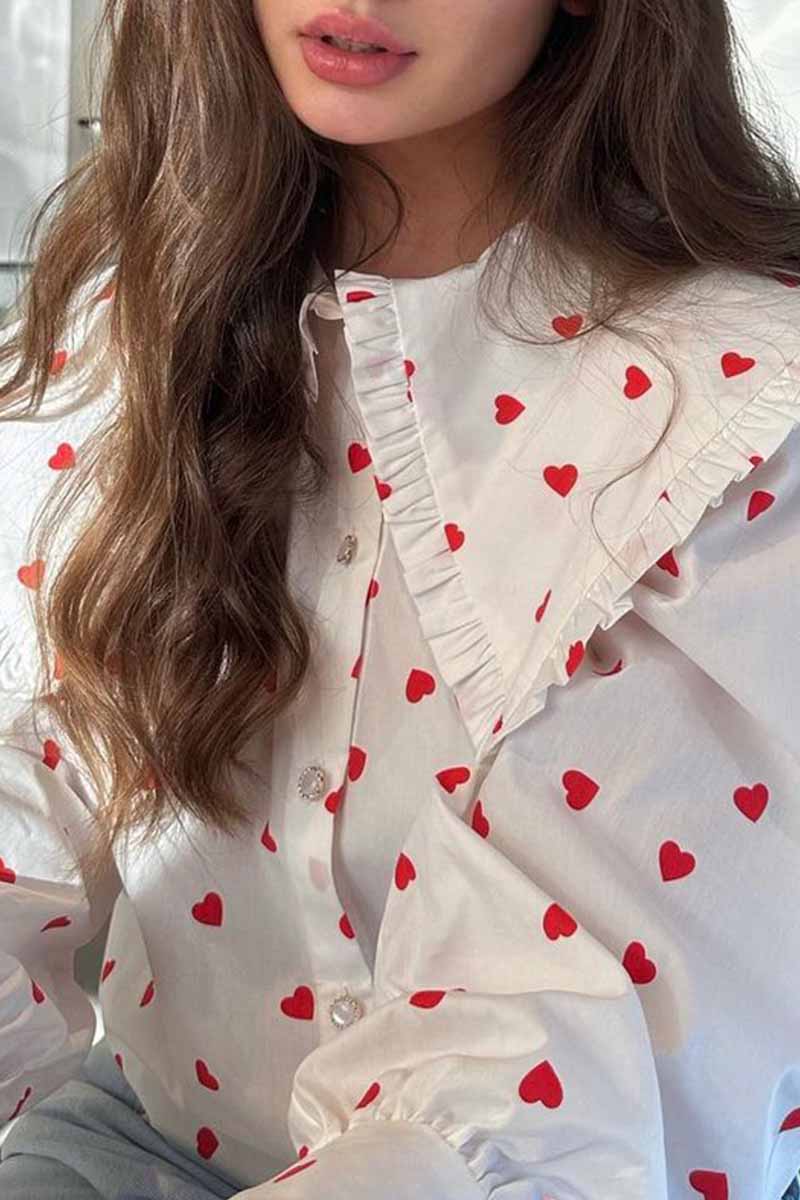 Sweet Print Patchwork Peter Pan Collar Tops - Fashionpara