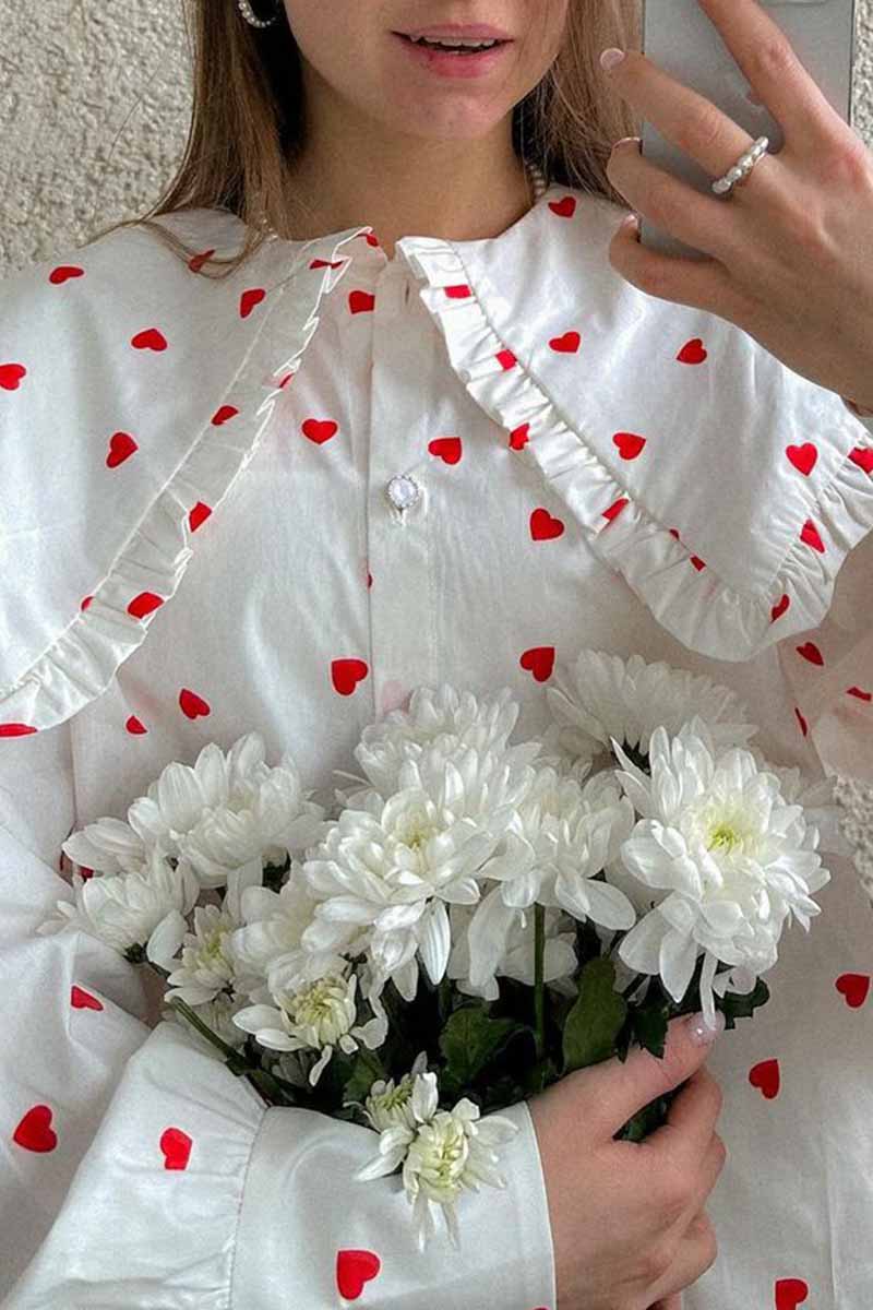 Sweet Print Patchwork Peter Pan Collar Tops - Fashionpara