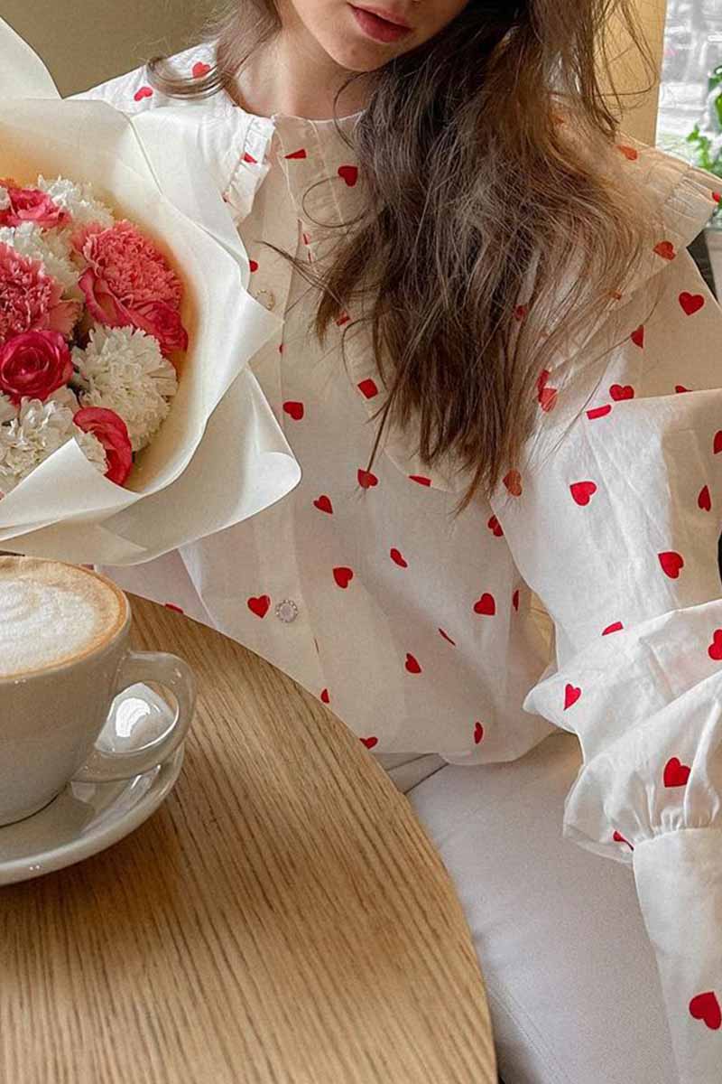 Sweet Print Patchwork Peter Pan Collar Tops - Fashionpara