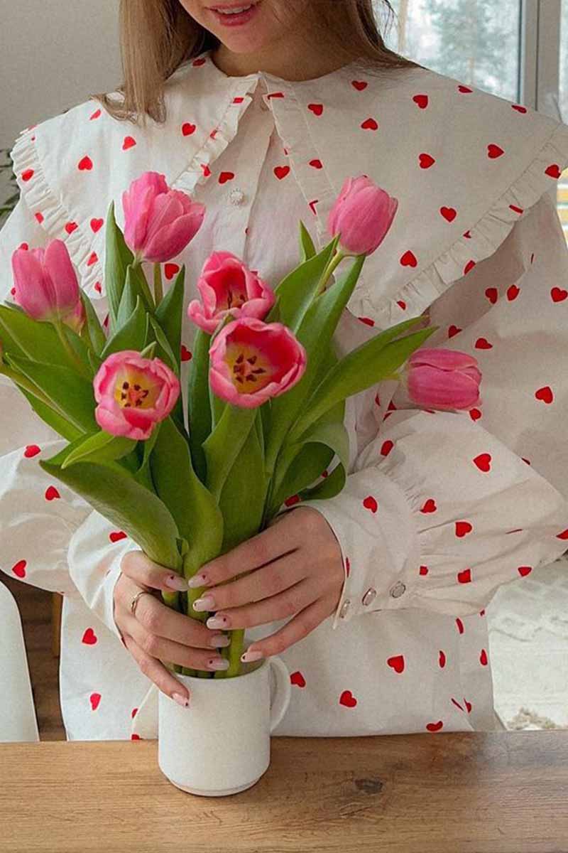 Sweet Print Patchwork Peter Pan Collar Tops - Fashionpara