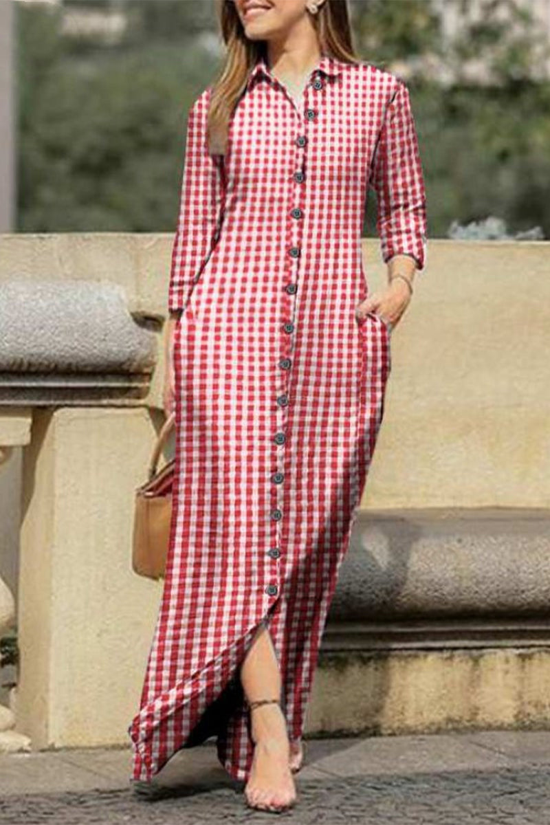 Casual Print Pocket Turndown Collar Shirt Dress Dresses - Fashionpara