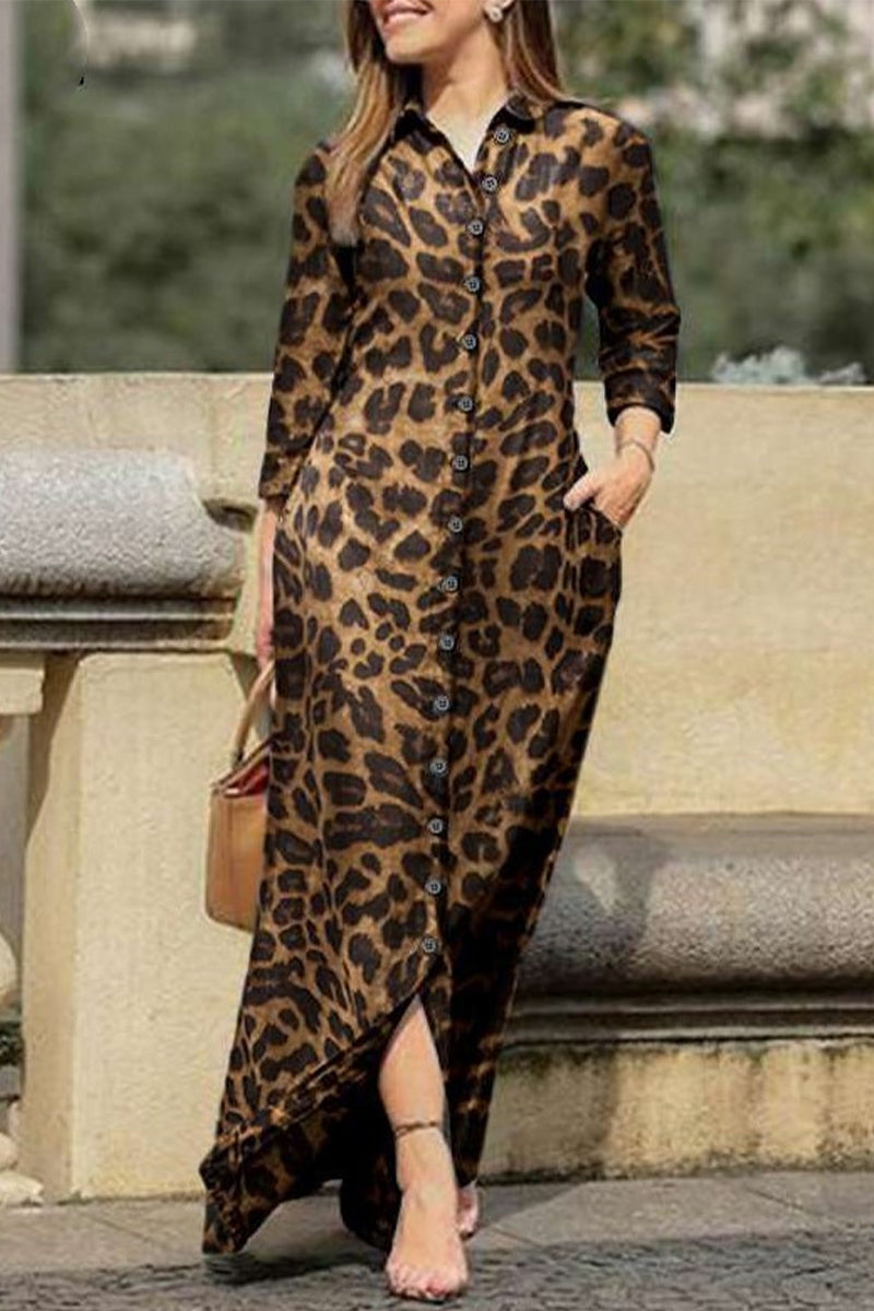 Casual Print Pocket Turndown Collar Shirt Dress Dresses - Fashionpara