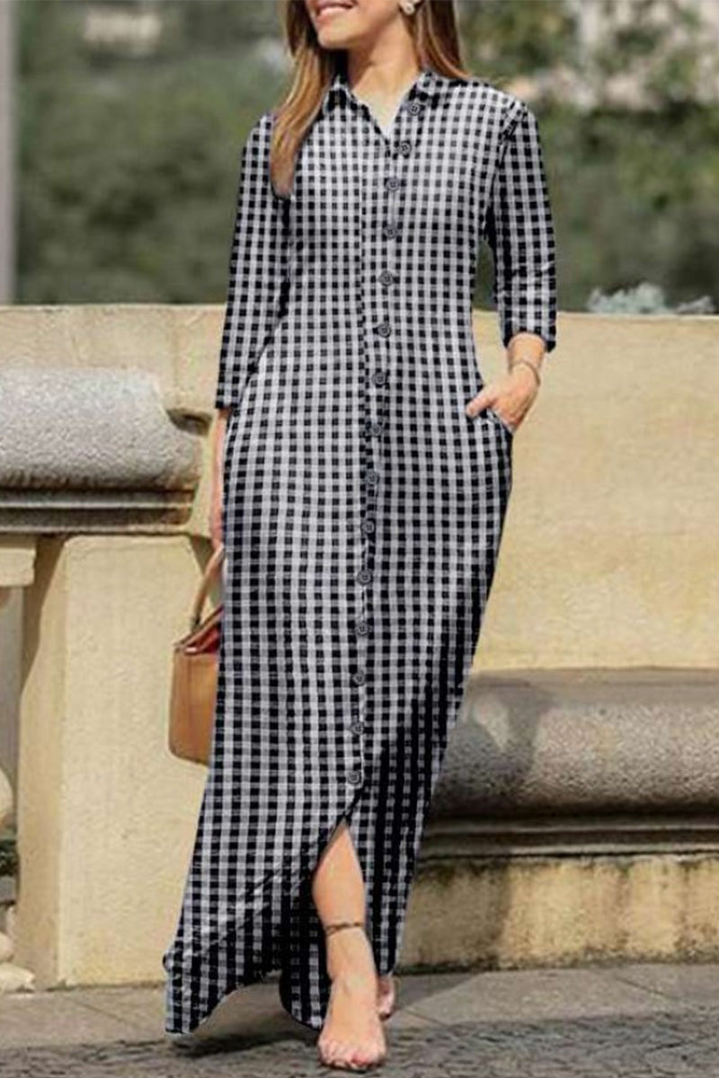 Casual Print Pocket Turndown Collar Shirt Dress Dresses - Fashionpara