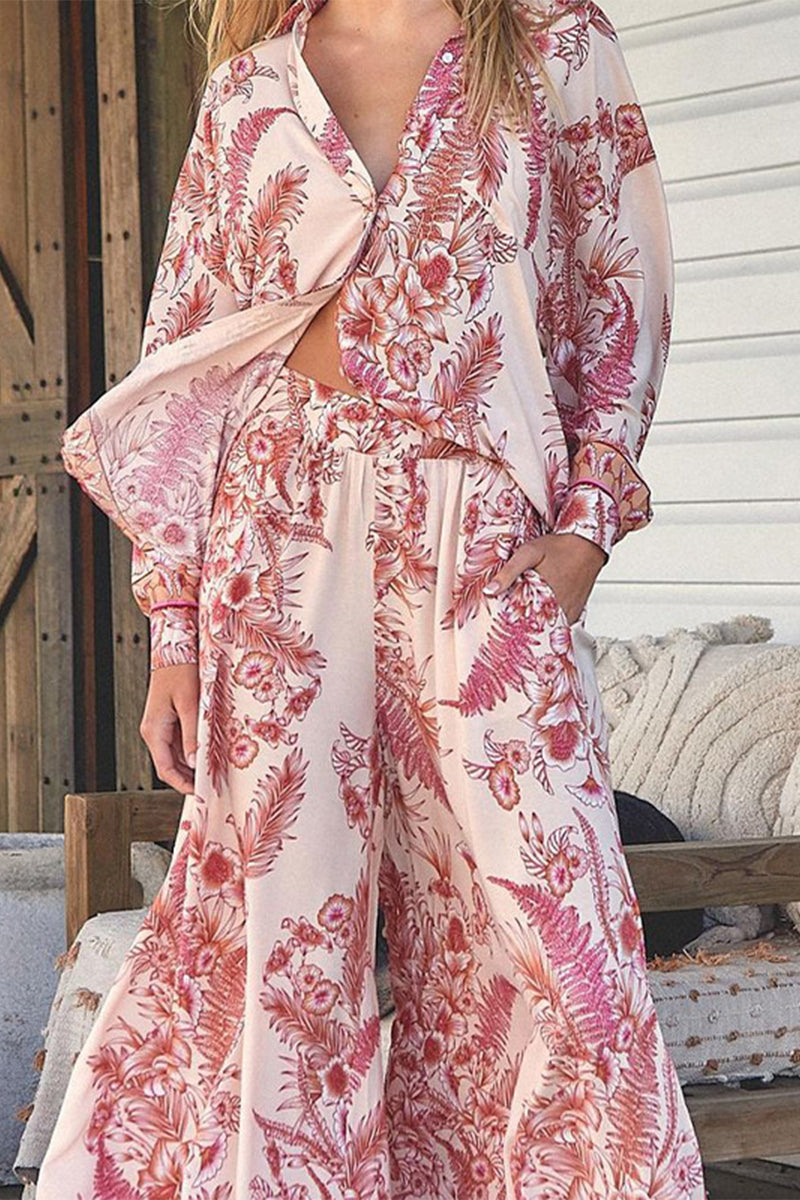 Casual Print Pocket Turndown Collar Long Sleeve Two Pieces - Fashionpara