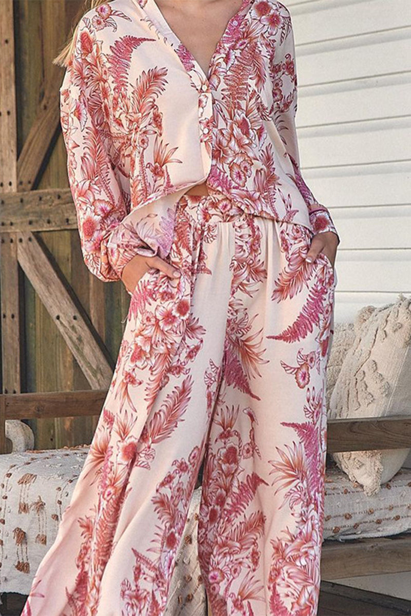 Casual Print Pocket Turndown Collar Long Sleeve Two Pieces - Fashionpara